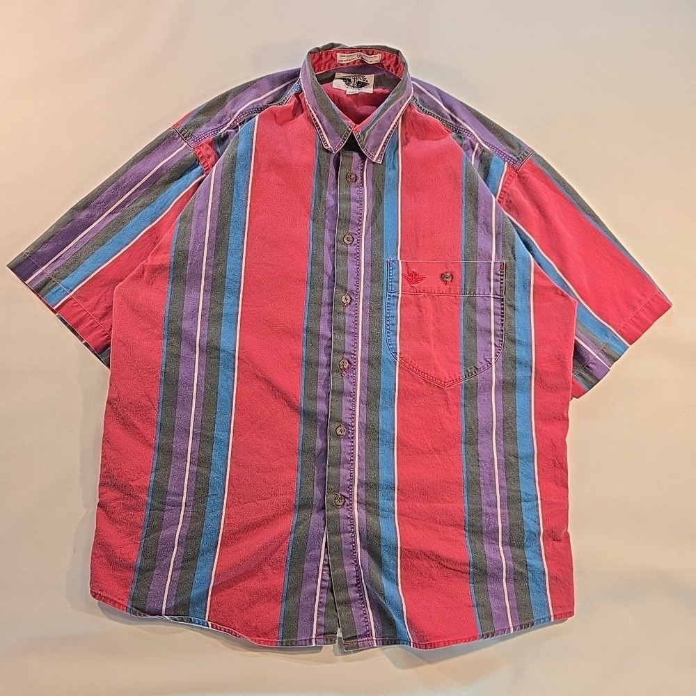 VTG Dockers M 90s Stripe‎ Short Sleeve Shirt Red Anchor Patch single stitch 1993
